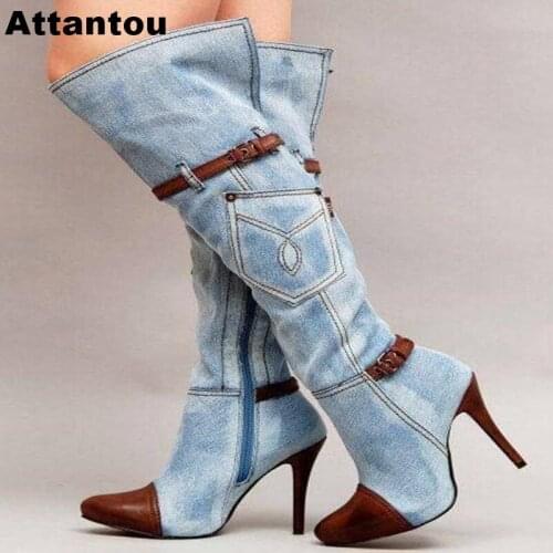 Fashion Blue Denim Jeans Women Over The Knee Boots Sexy Thin High Heel Pointed Toe Thigh High Boots Leather Buckle Designer Boot