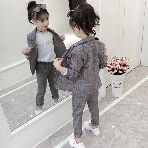 Fashion Wedding Kids Suit for Girls Formal Pant Suits for Teenagers 2PCS Blazer Set Brand Plaid Children Blazer 4 5 7 9 11 13T