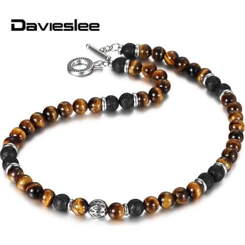 8mm Natural Tiger Eyes Stone Lava Bead Necklace for Women Men 18-20inch Link Chain Stainless Steel Bead Charm Necklace LTNB002