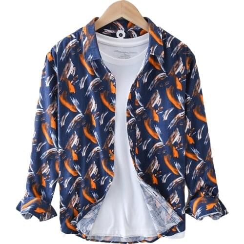 Long Sleeve Shirts for Men Japanese Fashion Printing Pattern Tops 100%Cotton Turn-down Collar Male Clothing 2021 Spring New