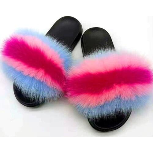 Winter Woman Raccoon Fur Flip Flops fluffy Fur Slides Womens Indoor Plush Shoes Faux Fox Fur slippers Ladies Flat Fur Sandals