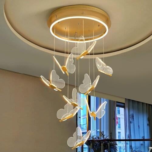 Modern Staircase Chandelier Fixtures Dimmable Spiral Butterfly Light Suitable For Living Bedroom Dining Room Golden