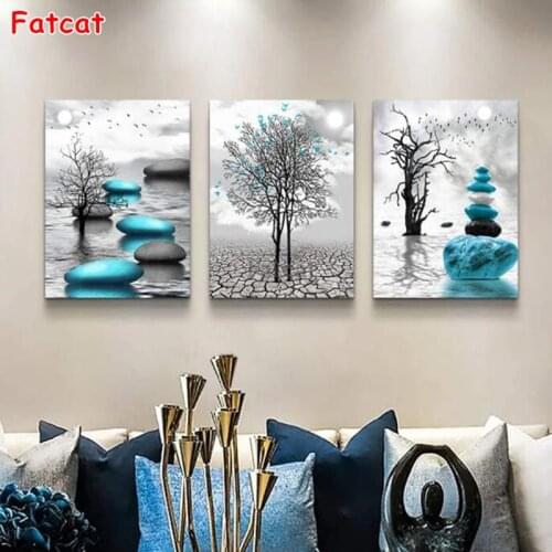 Cross Stitch Diamond Painting Triptych ,Abstract Blue Stone Tree Full square round Diamond Embroidery 3 Piece,Wall Sticke PP1891