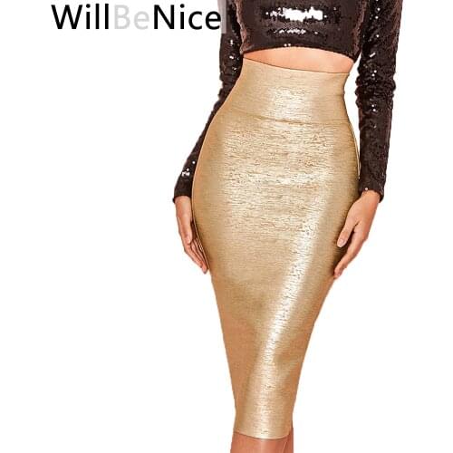 WillBeNice Sexy Bodycon Gold Bandage Skirts Wholesale Women Bandage Skirt Pencil Midi Party Club Bandage Skirts Women