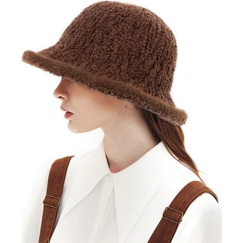 2020 Women Hat Knitting Fisherman Hat Female Cashmere Knitted Hat Autumn and Winter Fedoras Brown Plaid Flat Barry.Wang