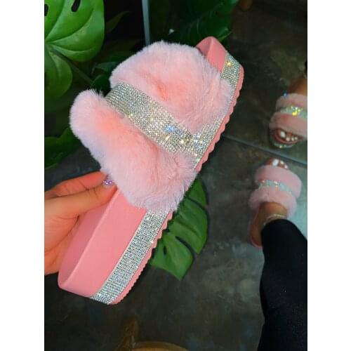 2020 Fur Slides Women Home Summer Pink Shoes Women Fashion Bling Flip Flops Women Platform Soft Bottom Slippers Mixed Colors