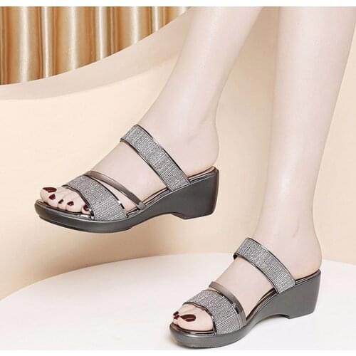 Big Size 41 Woman HIgh Heels Bling Slippers Gold Wedding Shoes Wedges Slides Open Toe Beach Shoes Modern zapatos mujer