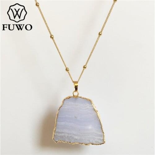 FUWO Trendy Women Natural Irregular Blue Onyx Necklace Genuine Gold Electroplated Blue Chalcedony Charm Jewelry Wholesale NC071