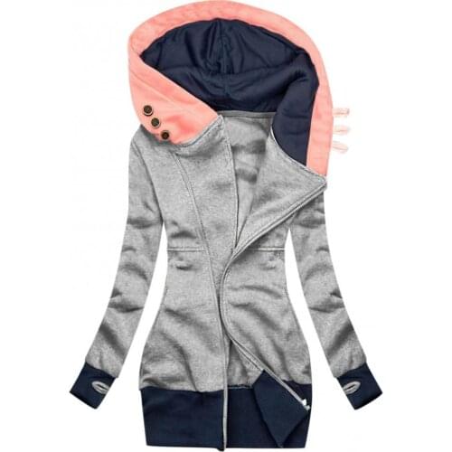 Women Cotton Blends Coat Color Block Thumb Hole Autumn Winter Long Sleeve Pocket Zipper Casual Ladies Mid-length Hooded Jacket