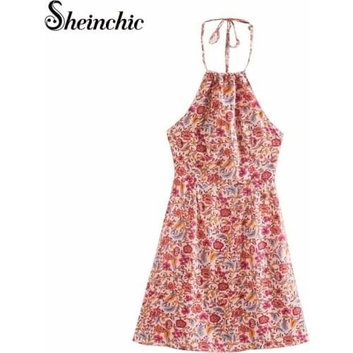 Sexy Halter Mini Woman Dress 2021 Summer Elegant Vintage Printed Chiffon Dresses for Women