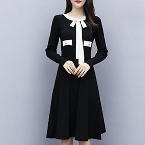 Woman Knitwear Dress New Chic Bowknot Neck Black Long Sleeve A Line Dresses 2020 Korean Fashion Knit Dress Autumns DD2440