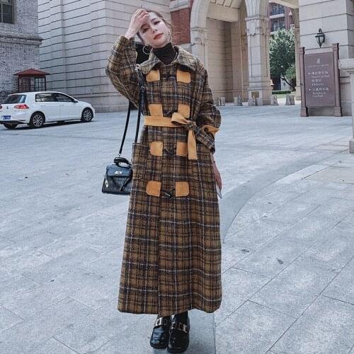 New Female Jacket 2020 Autumn Winter Stitching Plaid Mid-Length Knee-High Loose Casual Thickened Warm Wool Woolen Coat A96