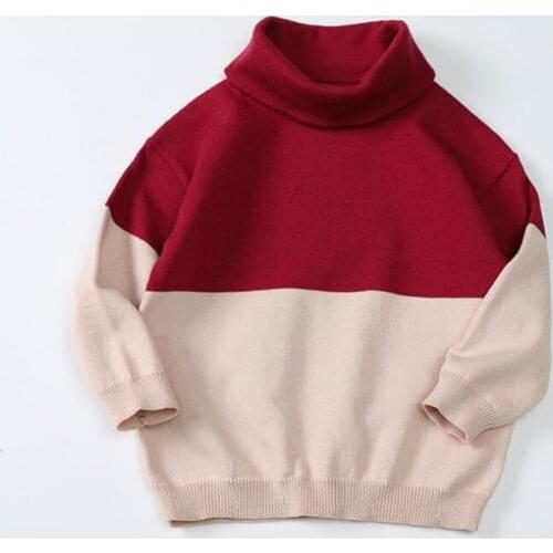 2020 Autumn Winter New Childrens Sweater Turtleneck Sweater Pure Cotton Drop Shoulder Color Block Sweater For Boys And Girls