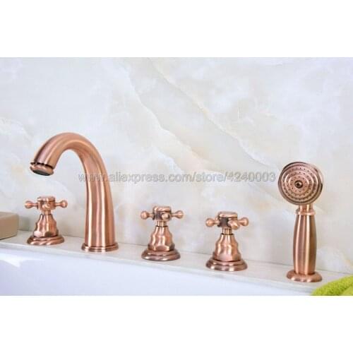 Antique Red Copper Widespread Bathtub Mixer Faucet Deck Mount 5 Holes Tub Shower Faucet Set Ktf239