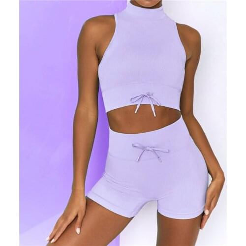 Seamless Sport Set Women 2PCS Crop Top Bra Shorts Workout Outfit Fitness Wear Drawstring Gym Tracksuit Running Yoga Suit Clothes