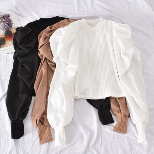 Womens Spring and Autumn Long-sleeved Blouse New Bubble Shirt Sleeves Stitching Fake Two-piece Shirts Thin Female Tops GX212