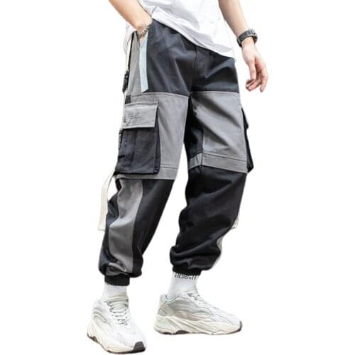 Stylish Men Multi Pockets Straps Patchwork Ankle Tied Long Cargo Pants Trousers Pants Male Harajuku Fashion Trousers Streetwear