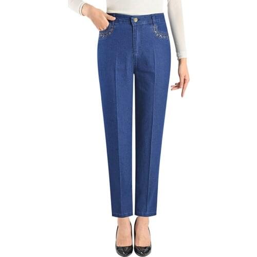 Size 28-40 Middle-aged Womens High Waist Jeans Spring Summer Embroidery Denim Pants Loose Female Straight Casual Trousers
