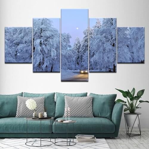 Canvas Painting The car driving on the snow forest road 5 Pieces Wall Art Painting Modular Wallpapers Poster Print Home Decor