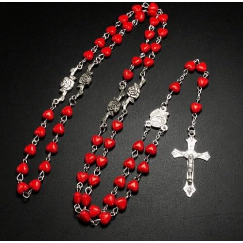 Red heart-shaped rosary necklace, cross necklace, religious beads beaded necklace