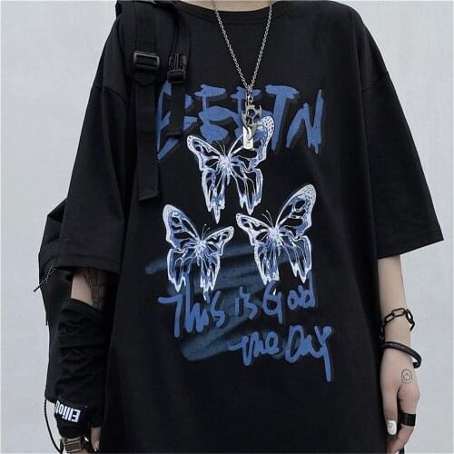 Cool Loose Tshirt Streerwear Japan Butterfly Print Tops Summer Short Sleeve Tees Causal Harajuku Oversized Funny Hip Hop T Shirt