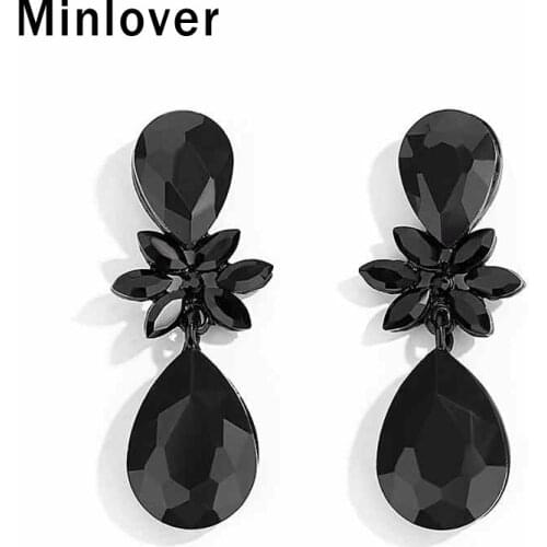 Minlover Cute Flower Black Rhinestone Water Drop Earrings for Women Crystal Vintage Pendant Teardrop Earrings Jewelry MEH1468