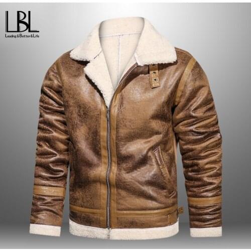 Mens Winter Leather Jackets Zipper Outerwear Warm Coats Men Large Size Wool Liner Thicker Winter Jackets Male Fashion Solid New
