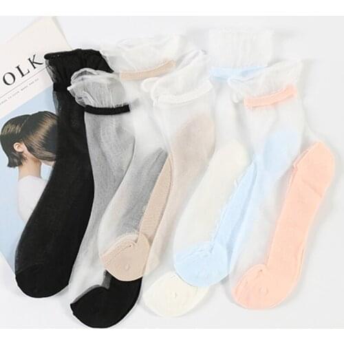 5 Pairs/Lot Womens Summer Thin Crystal Sweet Lace Short Socks Female Candy Color Transparent Falbala Leisure Meias Lotita Bas