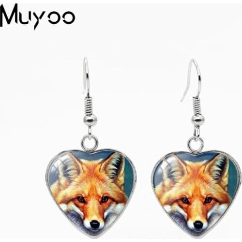 2021 New Painting Red Fox Oil Painted Glass Cabochon Fish Hook Earrings Handcraft Stainless Steel Heart Dangle Earrings