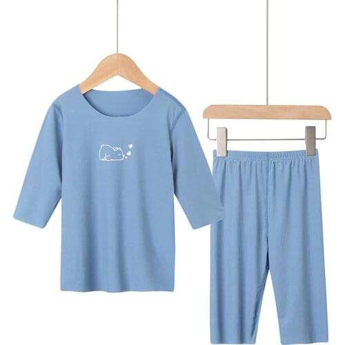 Clothes for Teenagers Summer Cotton Pyjamas Suits Solid Color Cartoon Half Clothing 2PCS Nightwear for 2-12 Years Homewear Sets