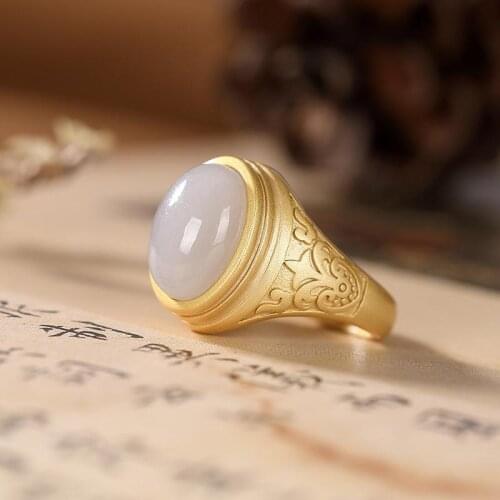 Original S925 Sterling Silver Gold Natural Hetian Jade High-Grade Jade Womens Retro Classical Open-End Ring for Women Ring