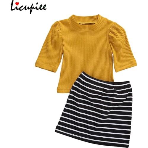 1-5 Years Little Girls Outfits 2-piece Set Summer Stylish Knitted Short Sleeve T-shirt + Striped Bag Hip Skirt Set