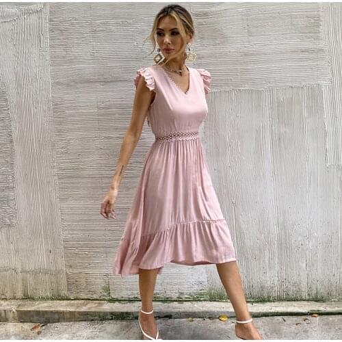Summer V-neck Womens Dress New Fashion Casual Pink Green Sleeveless Ruffles Hollow Out Elegant Midi Dresses For Women Robe Femme
