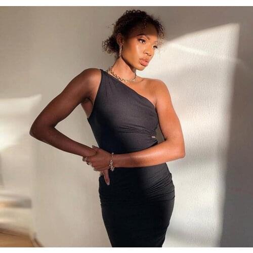 Sexy Women 2021 Summer Solid Black Bodycon One Shoulder Sleeveless Hollow Out Slim Club Streetwear Party Mini Dress Female