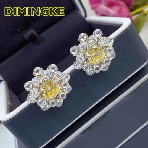DIMINGKE 8*8MM Yellow High Carbon Diamond Super Flash Flower Bud Earrings S925 Silver Jewelry Wedding Party Woman Gift