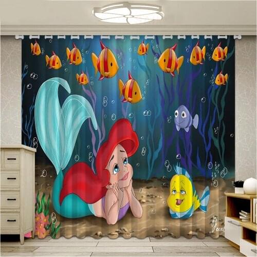 Disney The Little Mermaid Curtains for Window Cartoon Kids Girls Blinds Finished Drapery Rideaux Parlour Room Blackout Curtains