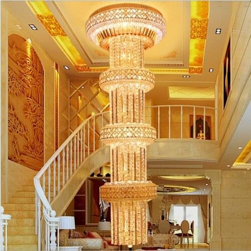 Modern Golden Color D600mm H2000mm LED Big Luxury Crystal Chandelier K9Crystal For Hotel Lobby Double Floor Crystal E14*30 Lamp
