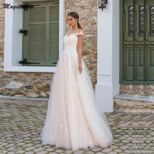 Magic Awn 2021 Beach Wedding Dresses Lace Appliques Illusion Short Sleeves Boho A-Line Wedding Party Dress Lace Up Back Vestidos