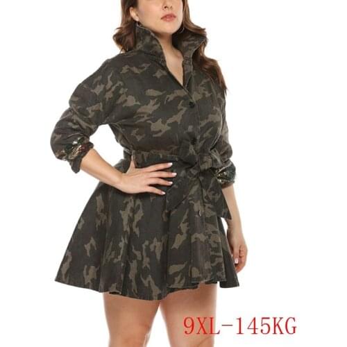 New womens plus size windbreaker jacket 5XL-9XL bust 150CM lapel button belt woven camouflage sequined windbreaker jacket