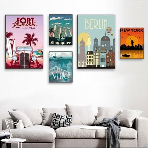 Nordic Vintage Travel Cities Poster New York Netherlands Amsterdam London Landscape Art Canvas Painting Wall Pictures Home Decor
