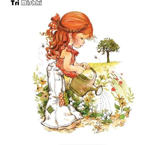 WCS968 retro Girl watering flowers car sticker PVC colorful Decals Waterproof sticker on Car Body Rear Window