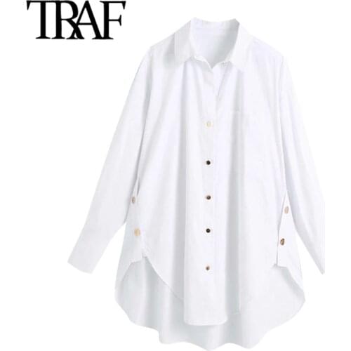 TRAF Women Fashion With Side Buttons Loose Asymmetrical Blouses Vintage Long Sleeve Pockets Female Shirts Chic Tops