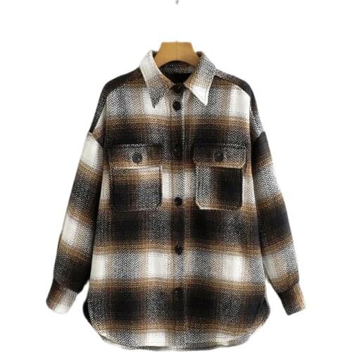 Vintage Chic Contrast Colors Patchwork Plaid Jacket Stylish Women Pockets Turn-Down Collar Coat Casual Girls Streetwear
