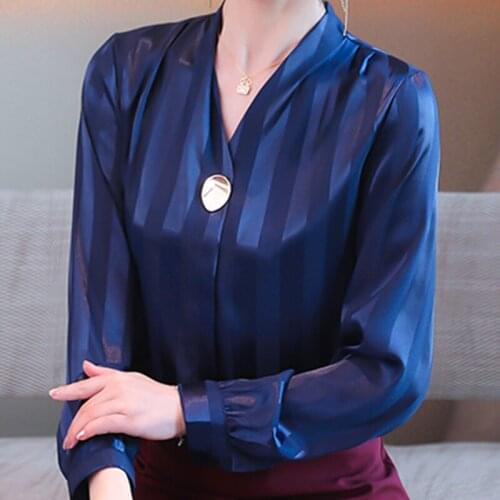Blouse Women Blusas Mujer De Moda 2021 Long Sleeve V-Neck Office Blouse Striped Chiffon Blouse Shirt Blusa Women Clothing D997