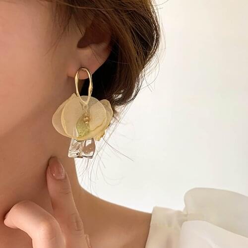 AENSOA 2021 New Korea Romantic Lace Flower Clear Acrylic Drop Earrings for Women Sweet Fabric Floral Transparent Resin Earring