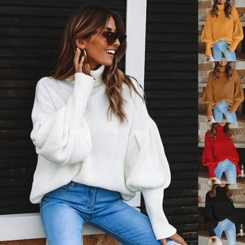 Womens Red Turtleneck Lantern Sleeve Sweater 2020 Autumn and Winter New Sweater Solid Style Long Sleeve Pullover Plus Size Lady