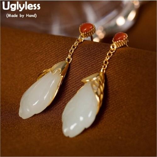 Uglyless Natural Real Jade Magnolia Floral Earrings for Women Plated Gold Hollow Leaf Earrings Heart Agate Brincos Jewelry E1386