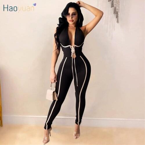 HAOYUAN Sexy Striped Print Bodycon Jumpsuit Backless Bandage Vacation Outfits Summer Clothing for Women One Piece Club Rompers