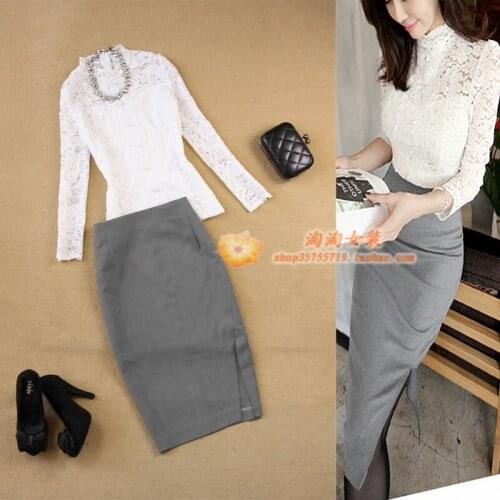 2 piece set women new white collar temperament long sleeve bottoming shirt lace shirt +gray bag hip skirt suit elegant two-piece