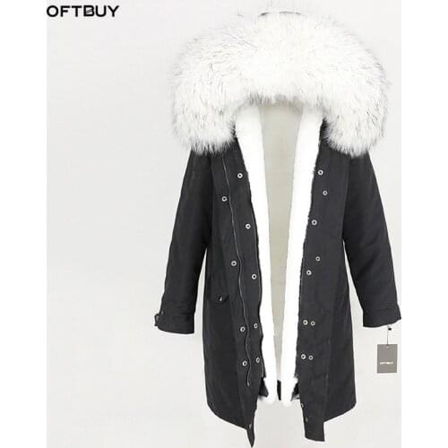 OFTBUY 2021 Winter Jacket Women X-long Real Fur Coat Natural Raccoon Fur Collar Hood Outwear Thick Warm Streetwear Waterproof